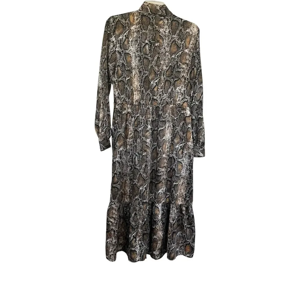 Zara Brown Snakeskin Animal Print Long Sleeve Button Front Tie Neck Midi Dress L